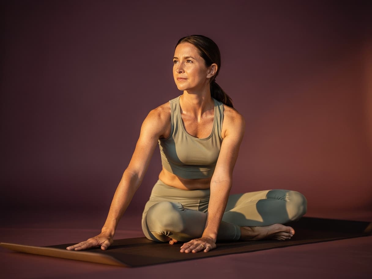 A woman mid a calm sunrise stretch on a yoga mat