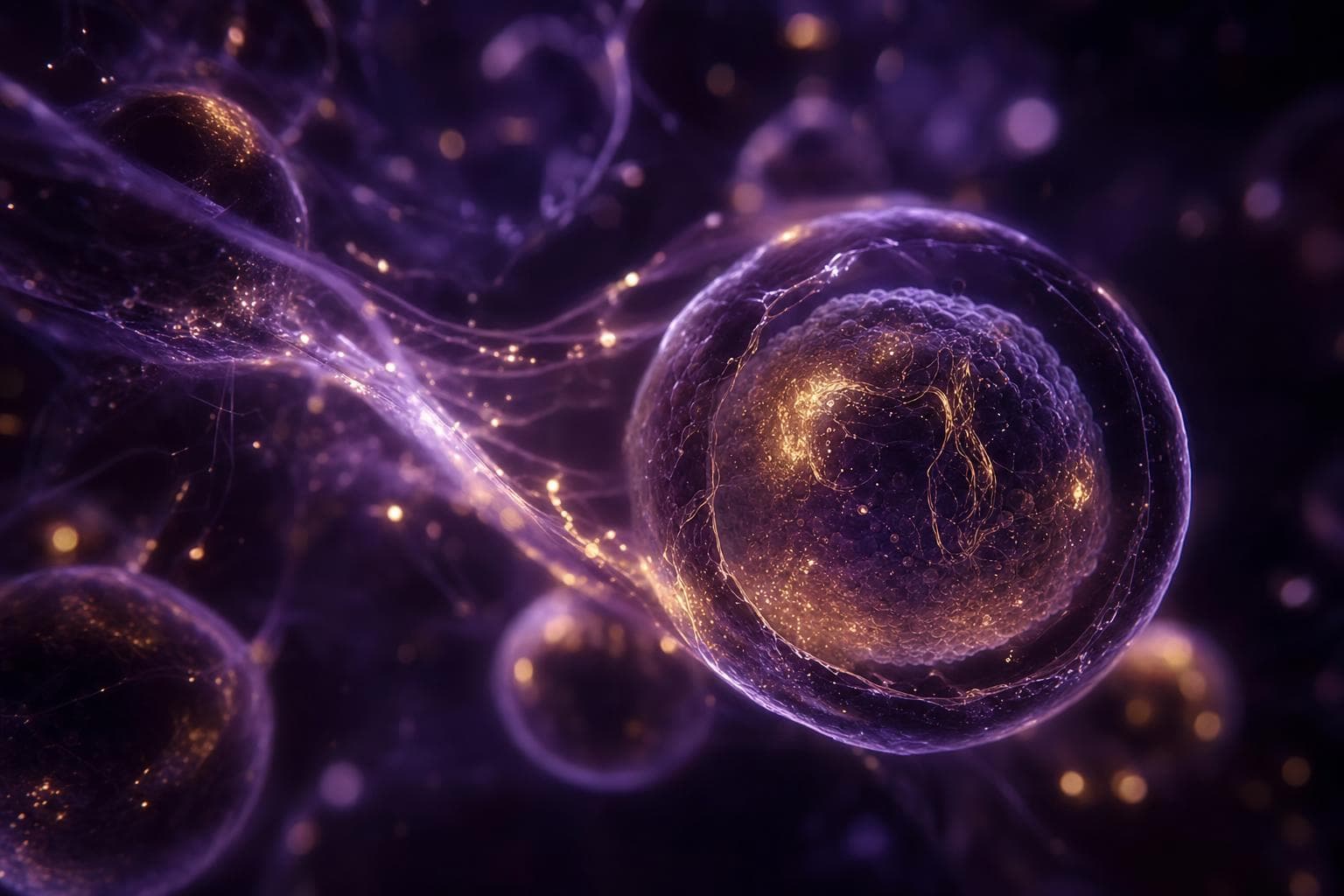 Abstract macro of cellular signaling and molecular energy in aubergine, gold, and violet