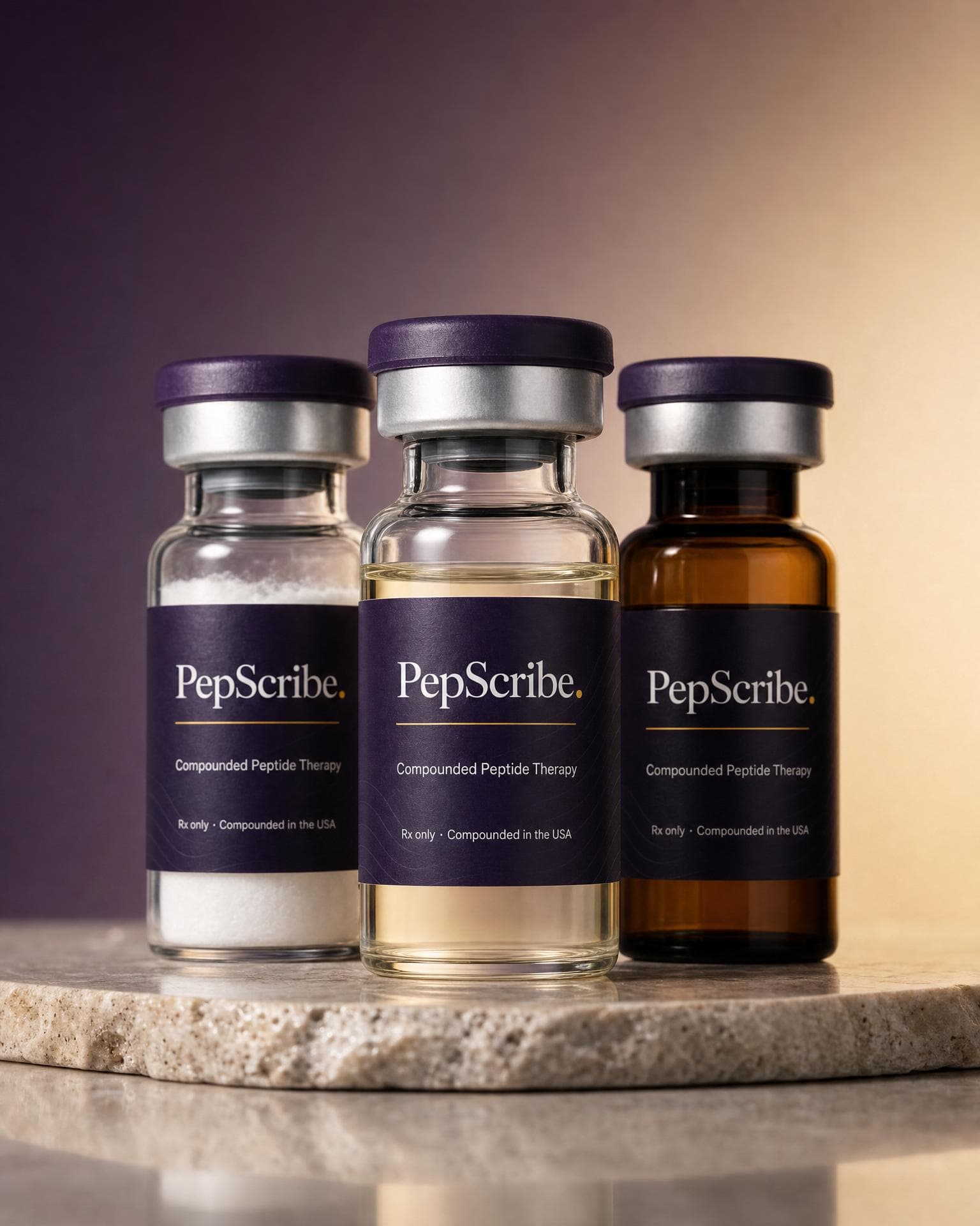 Three PepScribe compounded peptide vials, powder, liquid, and amber, on a warm studio backdrop