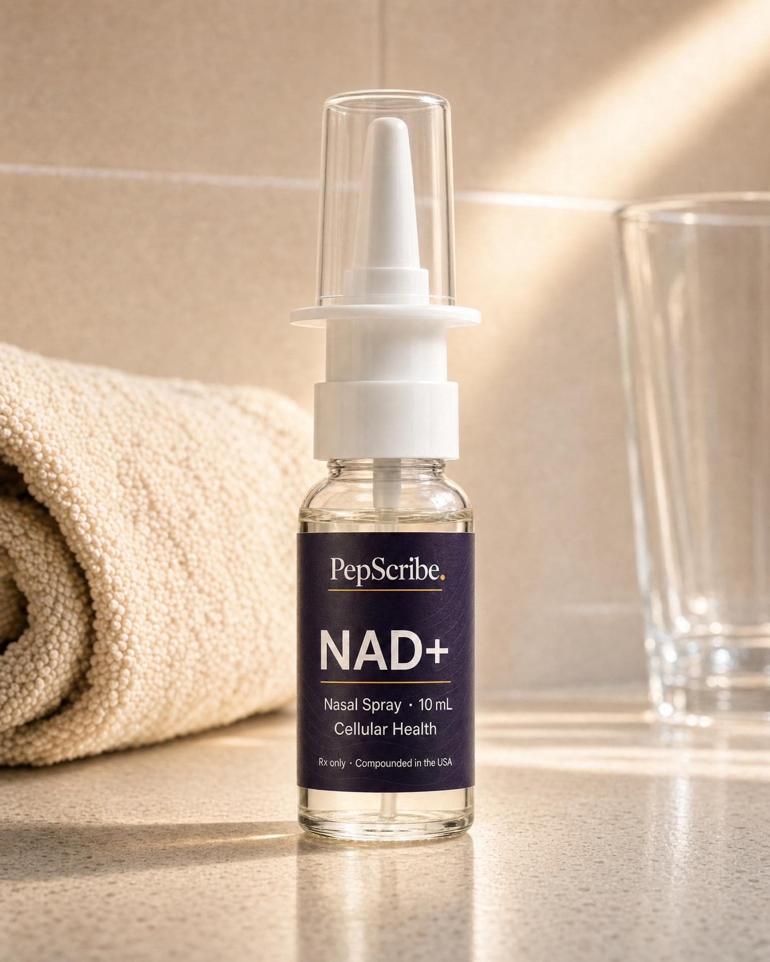 PepScribe NAD+ nasal spray on a sunlit bathroom counter