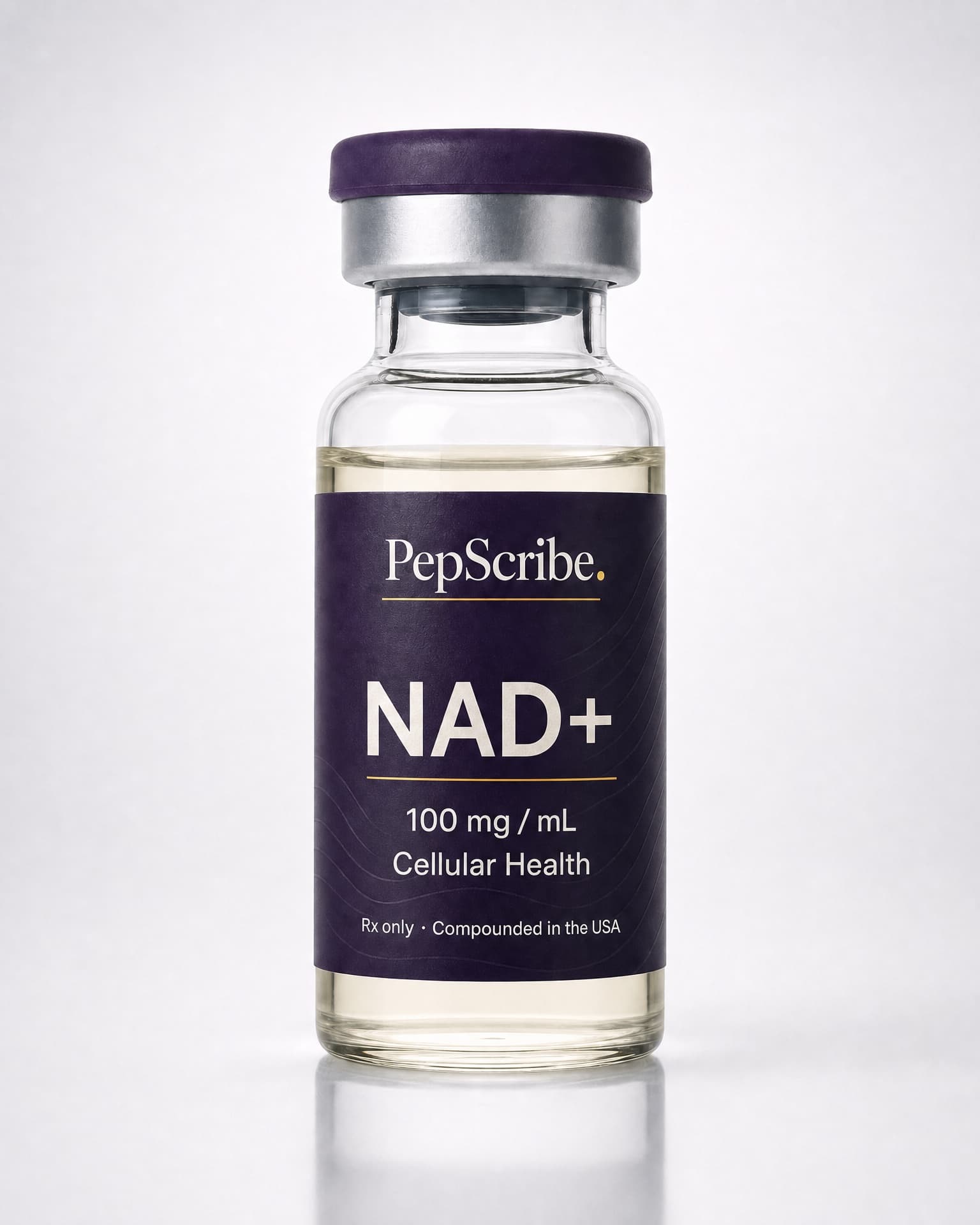 A PepScribe-branded NAD+ vial, studio product photograph.