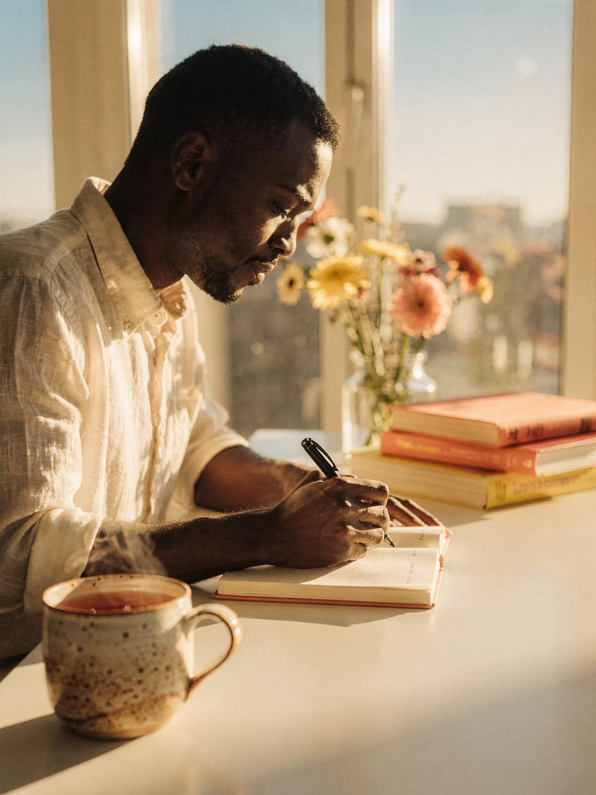 Man journaling at a sunlit desk in late golden-hour light