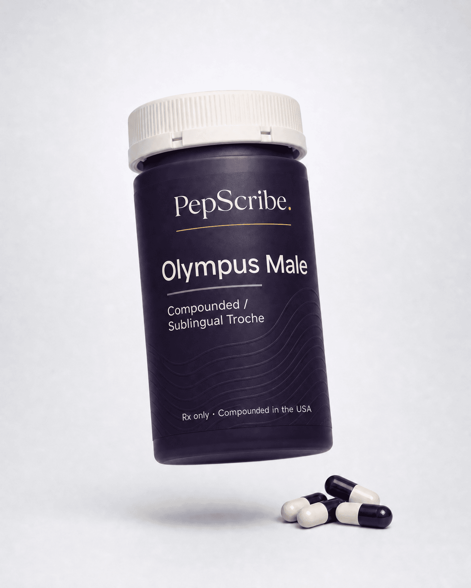 A PepScribe-branded Olympus Male compounded sublingual troche bottle, angled against a soft studio backdrop.