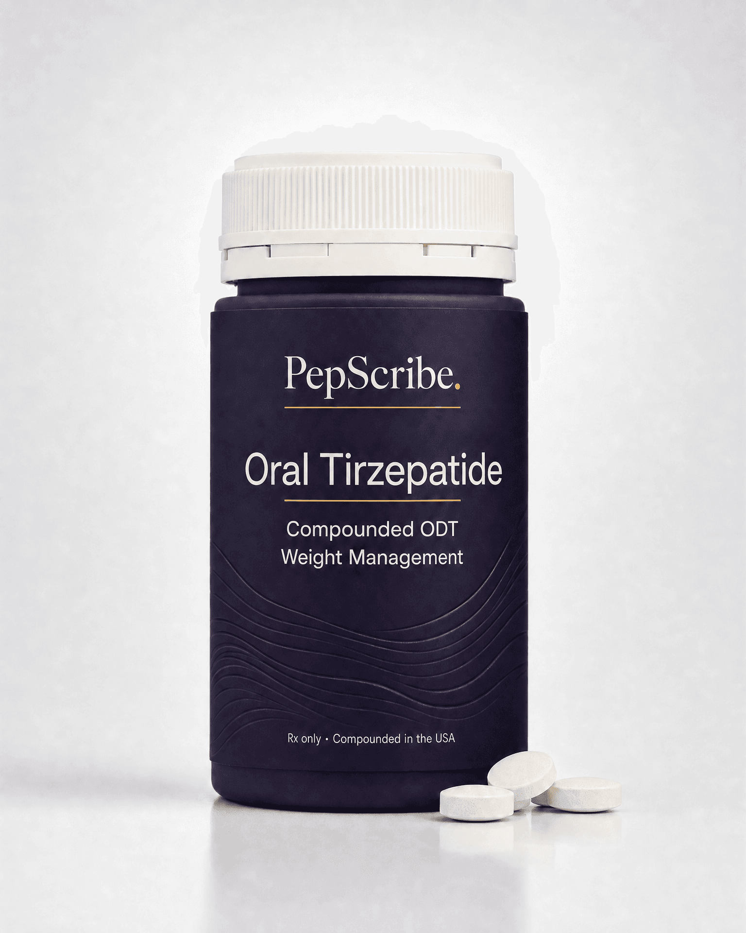 Amber PepScribe pharmacy bottle of compounded oral tirzepatide tablets with a few loose round tablets beside it on a bone surface