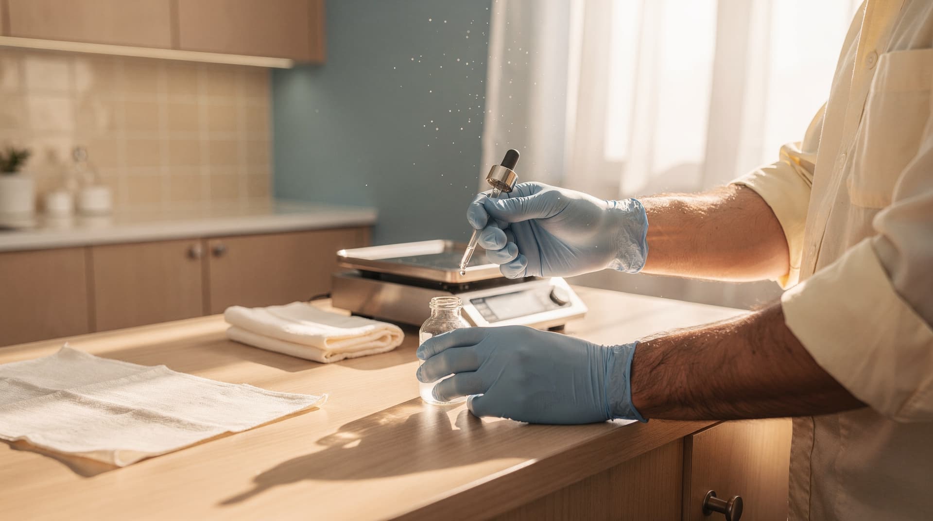 Pharmacist in nitrile gloves measuring a precision dose at a sun-drenched compounding bench