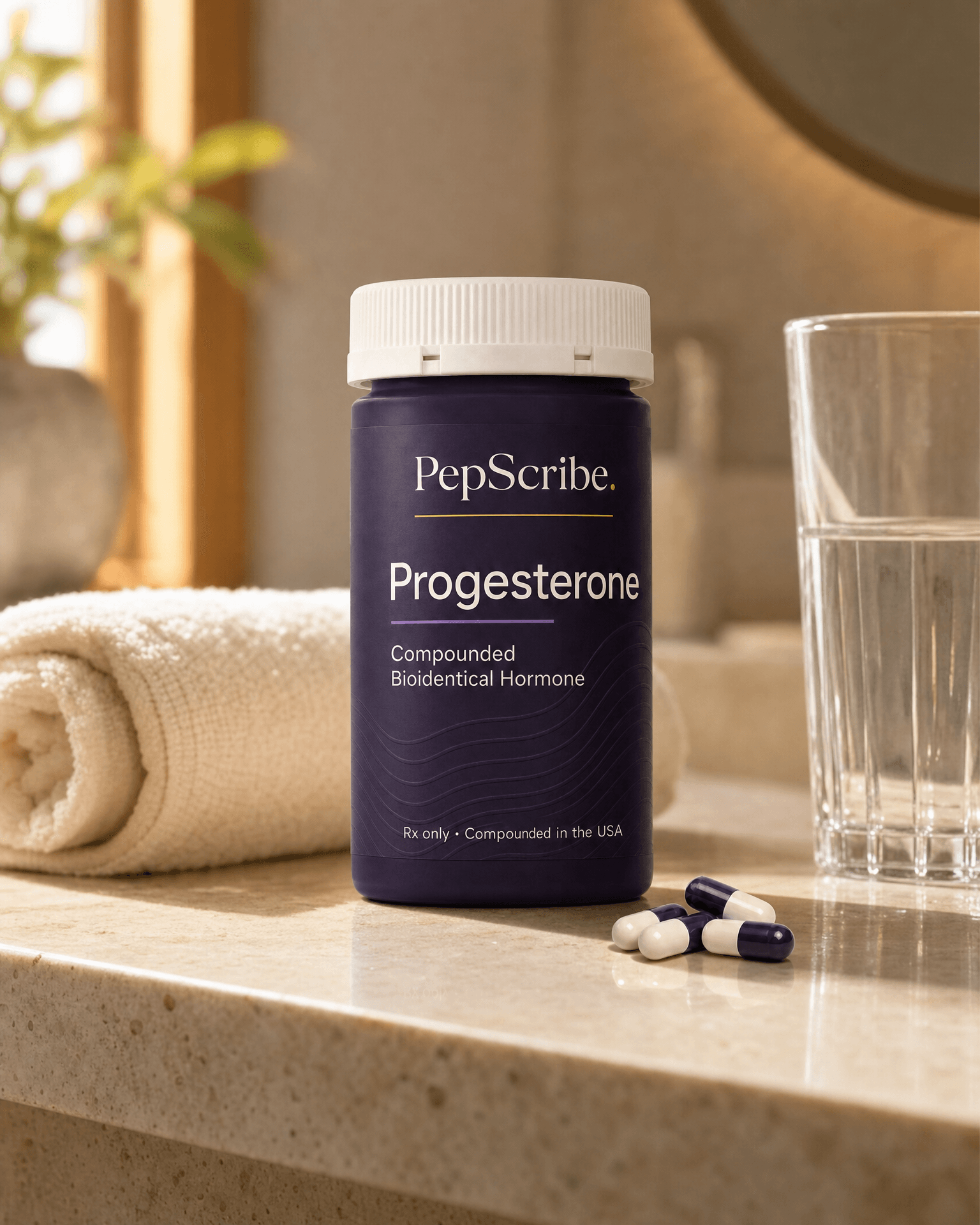 A PepScribe-branded compounded bioidentical progesterone capsule bottle on a sunlit bathroom counter beside a rolled towel and a glass of water.