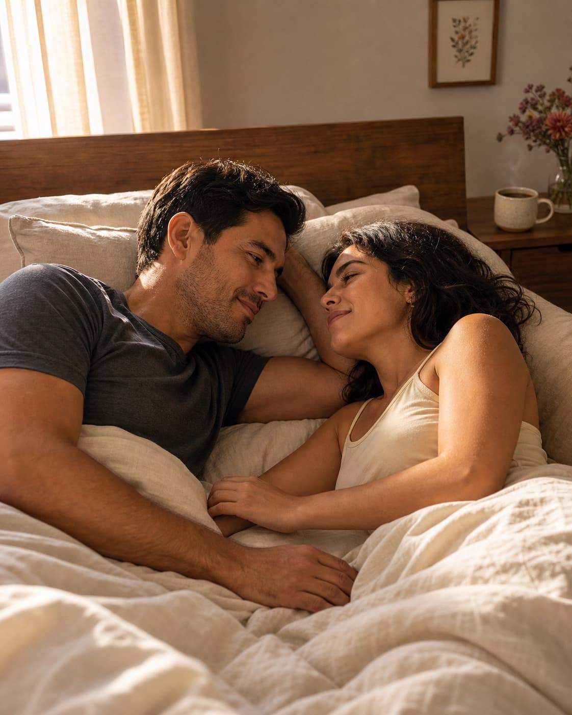 Latino couple sharing a tender golden-hour morning together in bed, soft loungewear, warm cream linen bedding