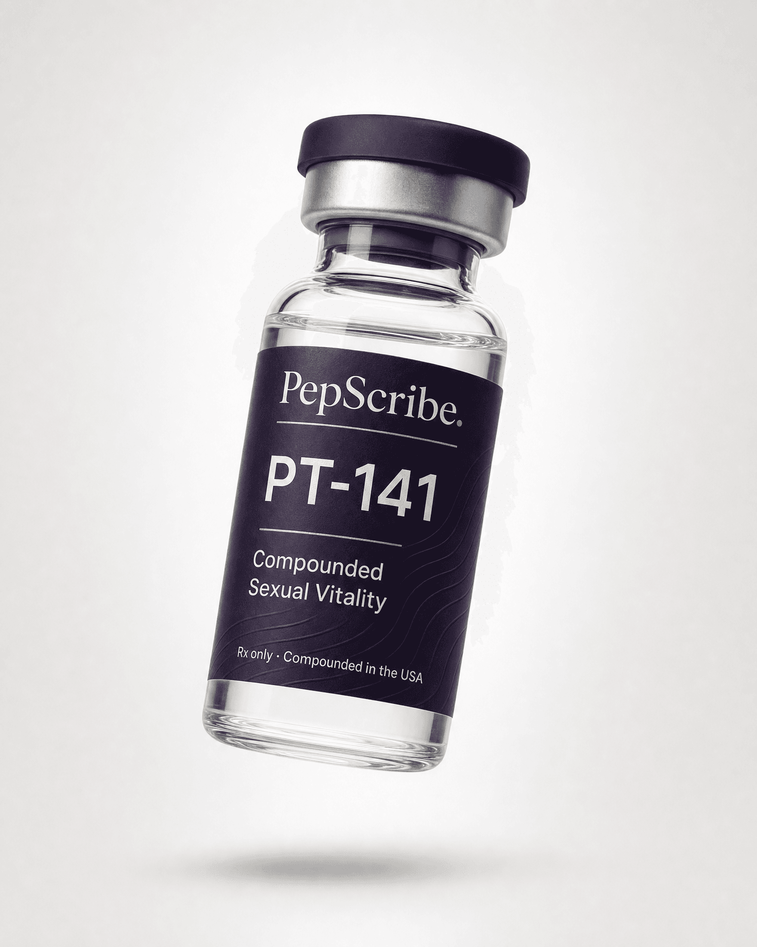 A PepScribe-branded PT-141 vial, floating against a soft studio backdrop.
