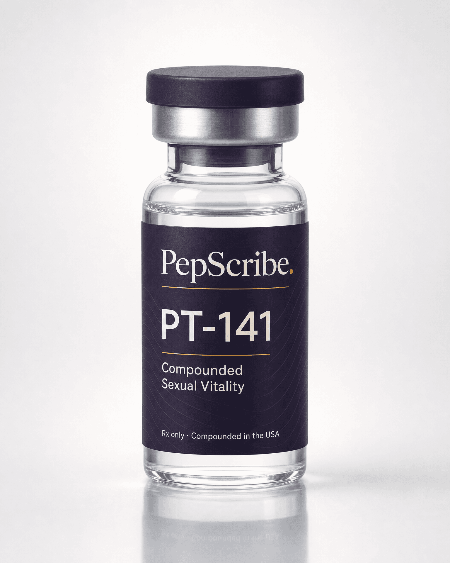 A PepScribe-branded PT-141 vial, studio product photograph.