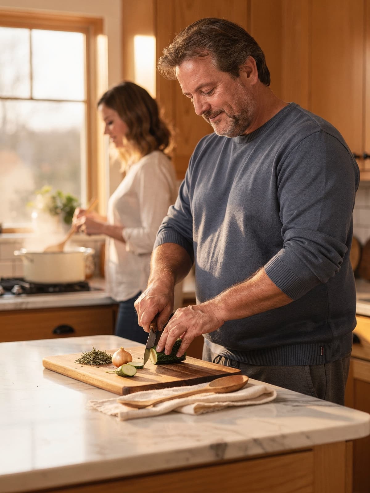 Mid-40s couple cooking dinner together at a sunlit kitchen island, man chopping vegetables, wife stirring at the stove