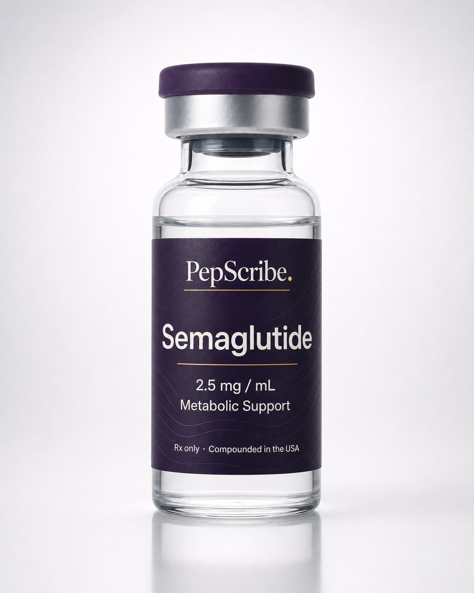 A PepScribe-branded semaglutide vial, studio product photograph.
