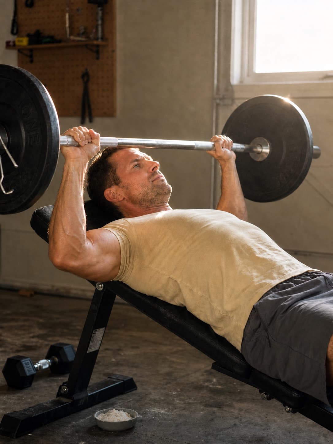 Man bench pressing in a sunlit home garage gym