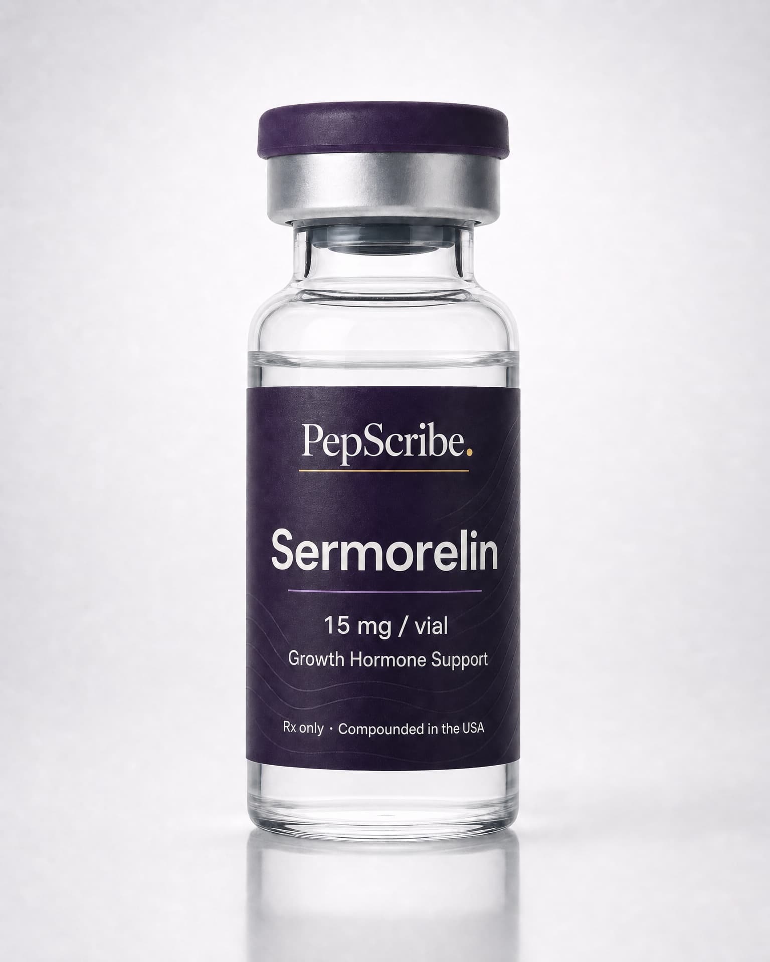 A PepScribe-branded sermorelin vial, studio product photograph.
