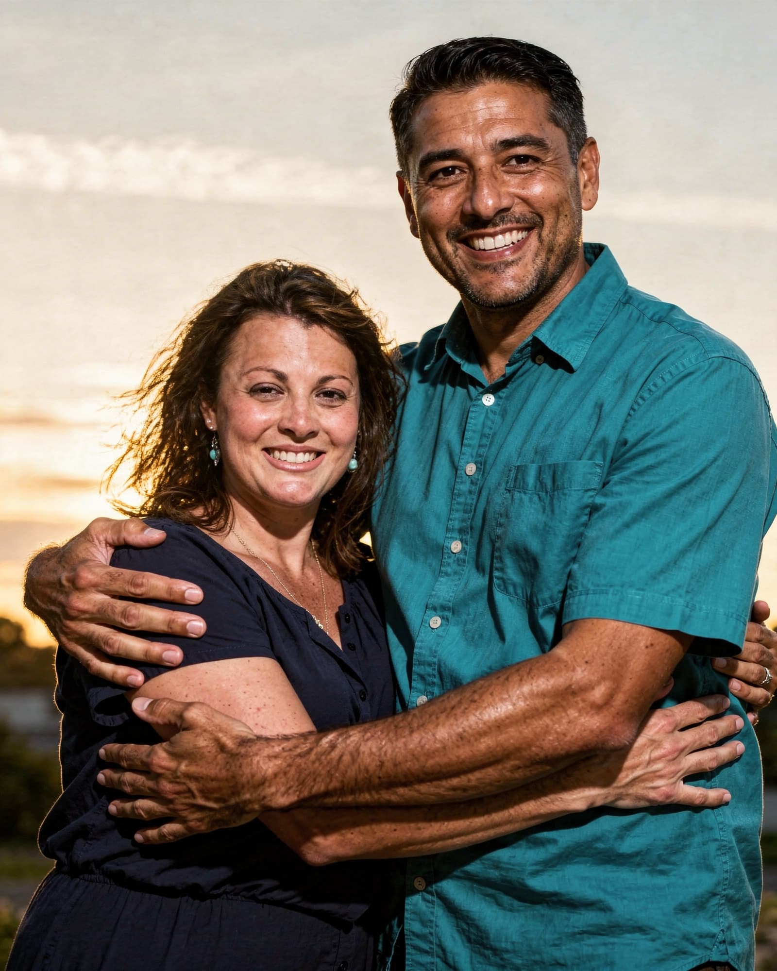 A warm, affectionate American couple in their late forties standing close together outdoors at golden hour.