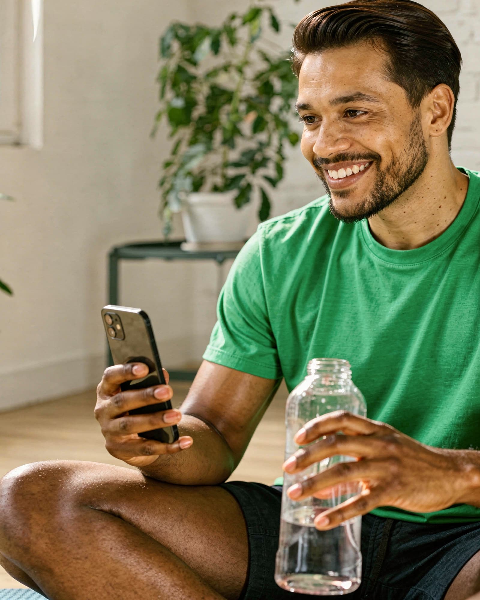A relaxed Black American man in his mid thirties at home on the sofa with an easy confident smile.