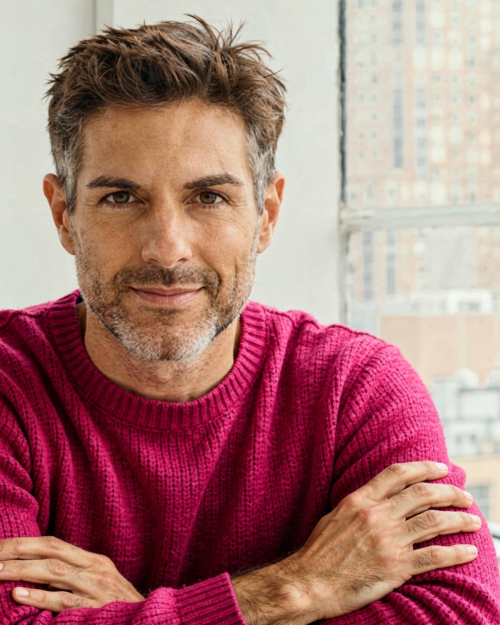 A dignified American man in his early forties at home by a bright window, calm and self-assured.