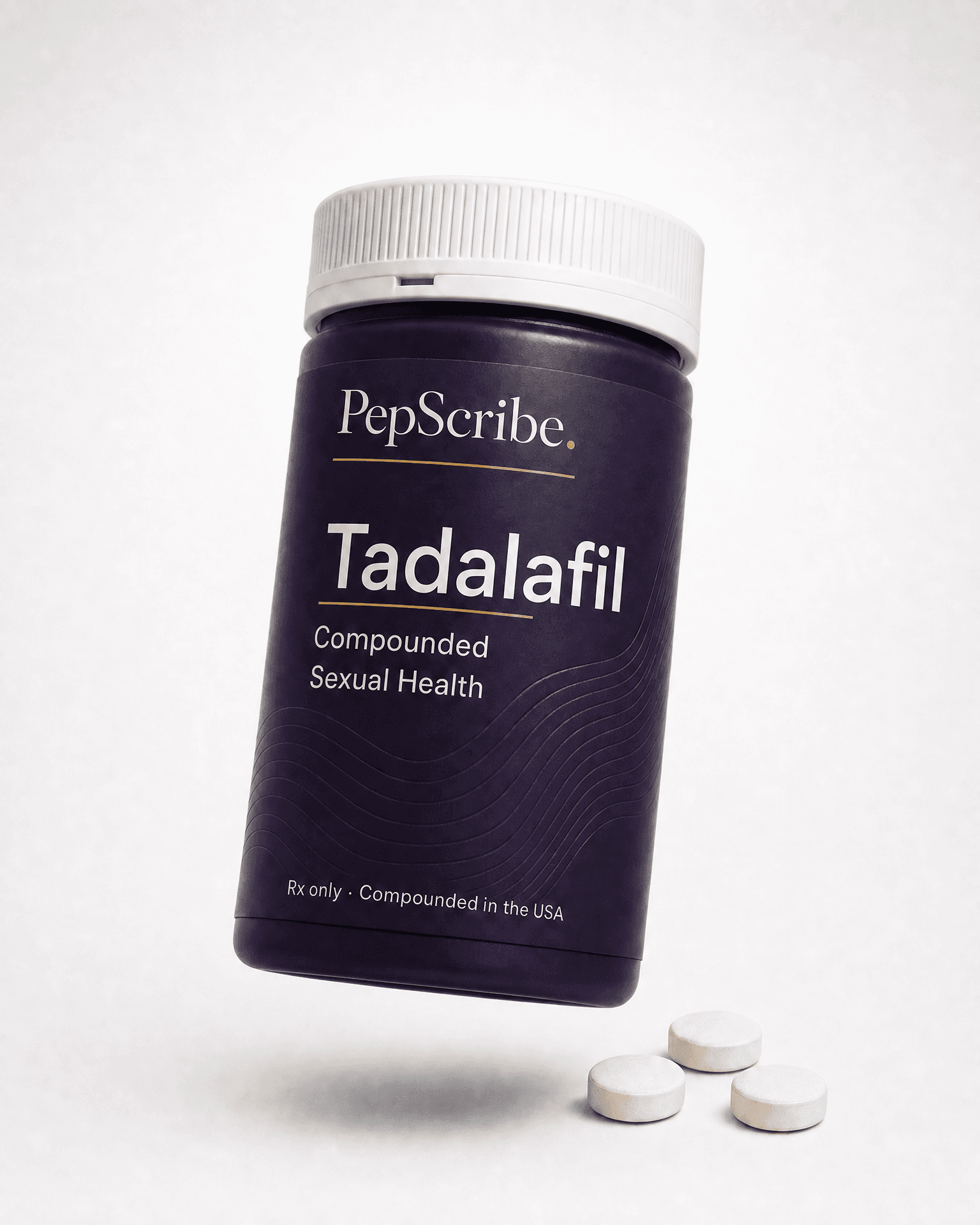 A PepScribe-branded tadalafil tablet bottle, floating against a soft studio backdrop.