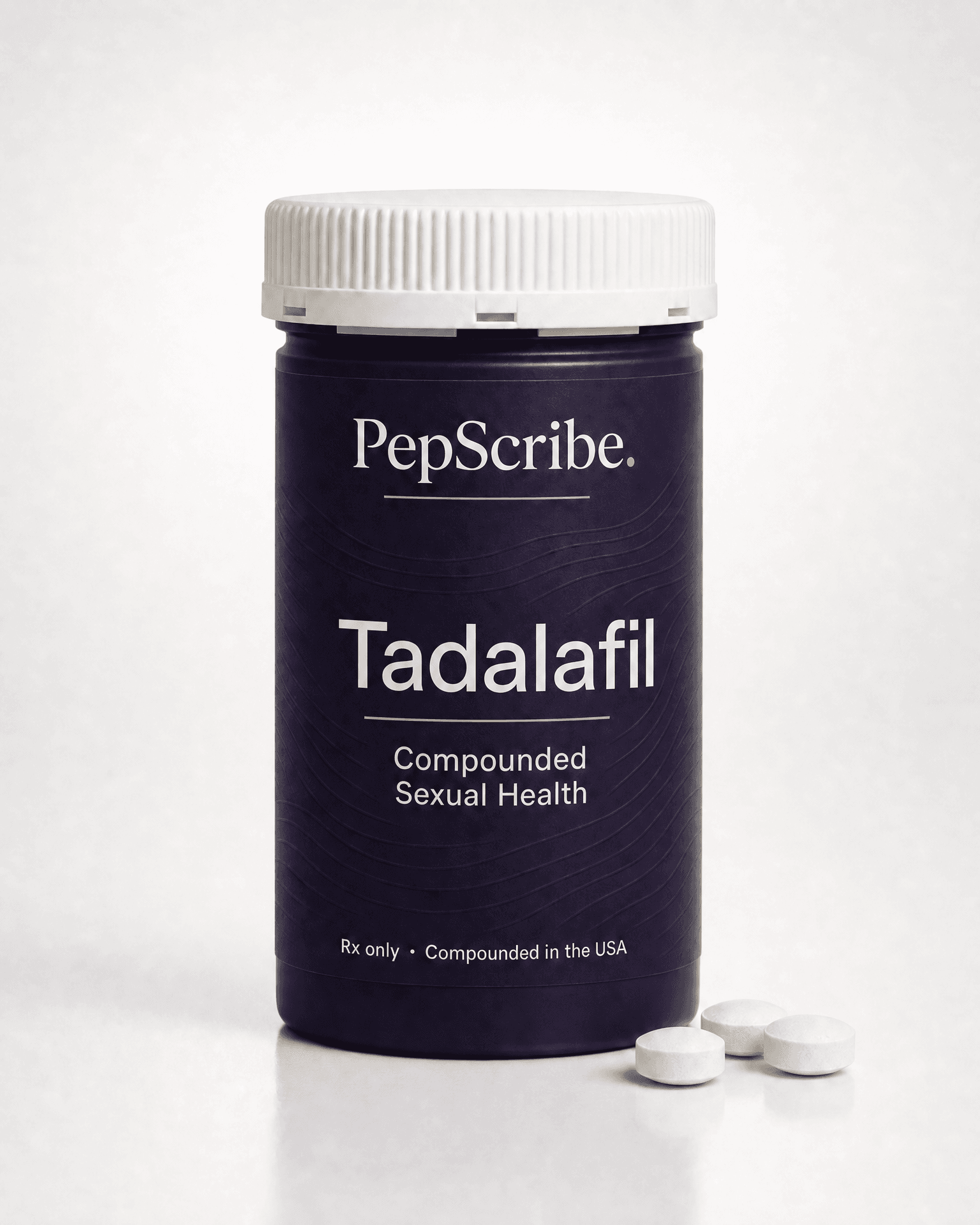 A PepScribe-branded tadalafil tablet bottle, studio product photograph.