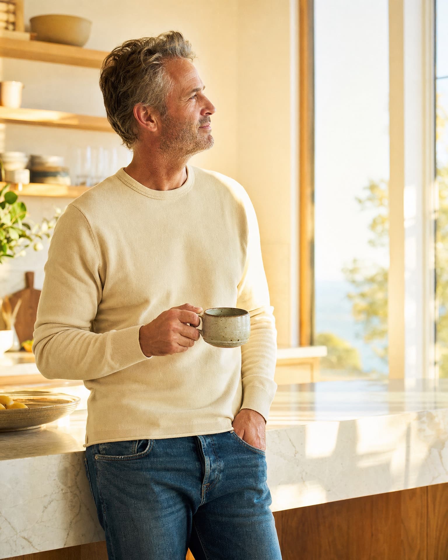 A man in his early fifties holding coffee, looking out a sunlit kitchen window