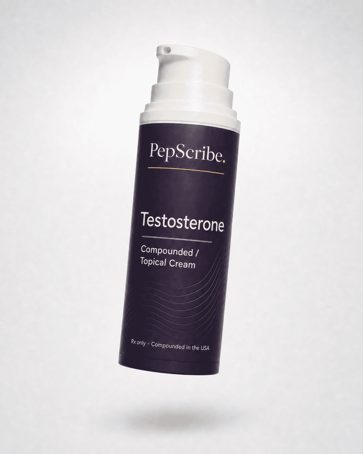 A PepScribe-branded compounded testosterone topical cream bottle, angled against a soft studio backdrop.