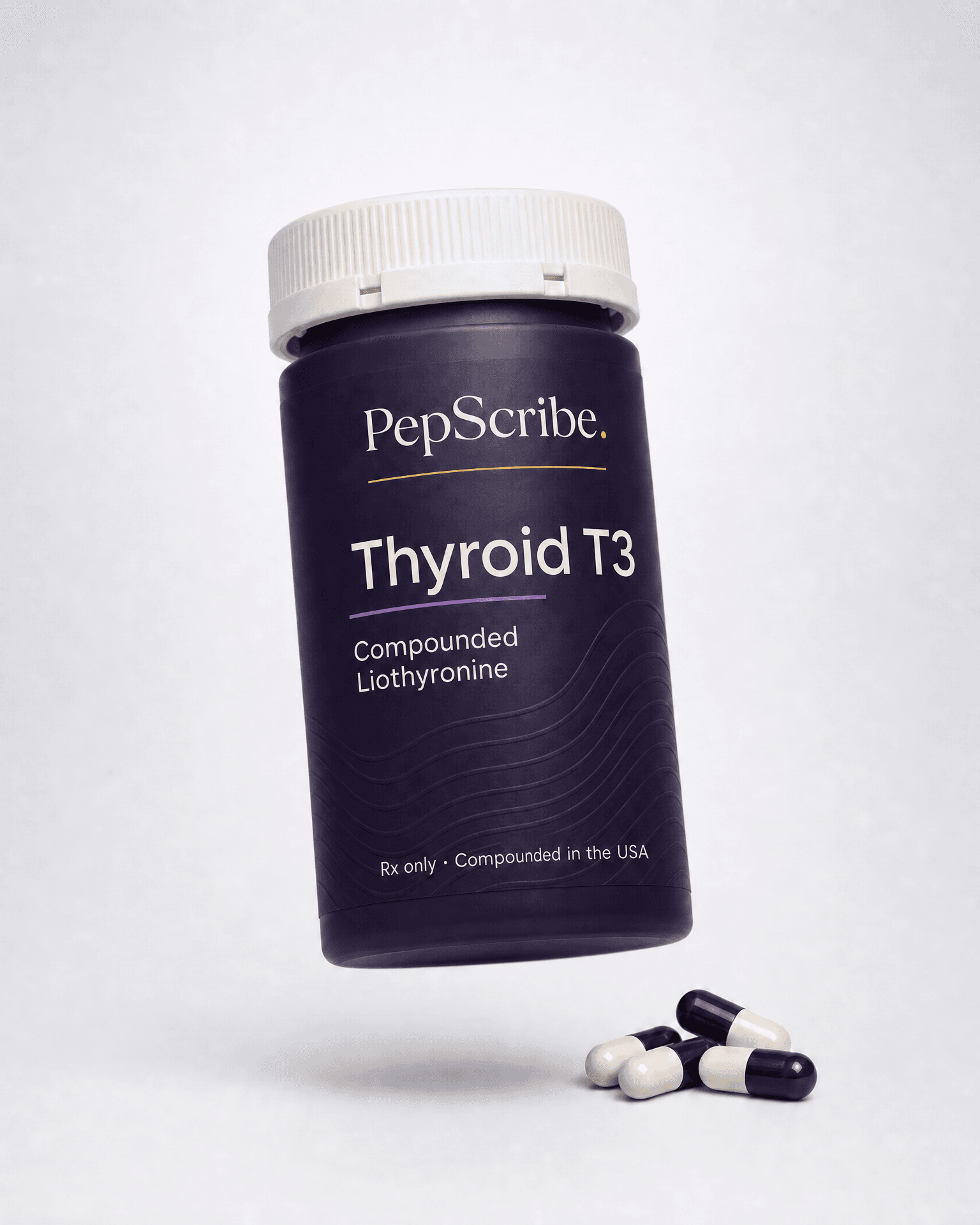 A PepScribe-branded compounded T3 thyroid capsule bottle, angled against a soft studio backdrop.