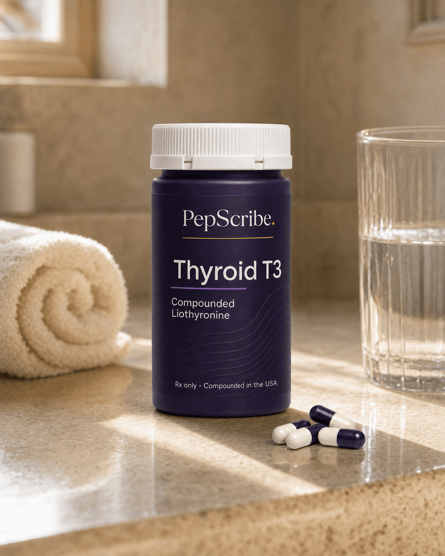 A PepScribe-branded compounded T3 thyroid capsule bottle on a sunlit bathroom counter beside a rolled towel and a glass of water.