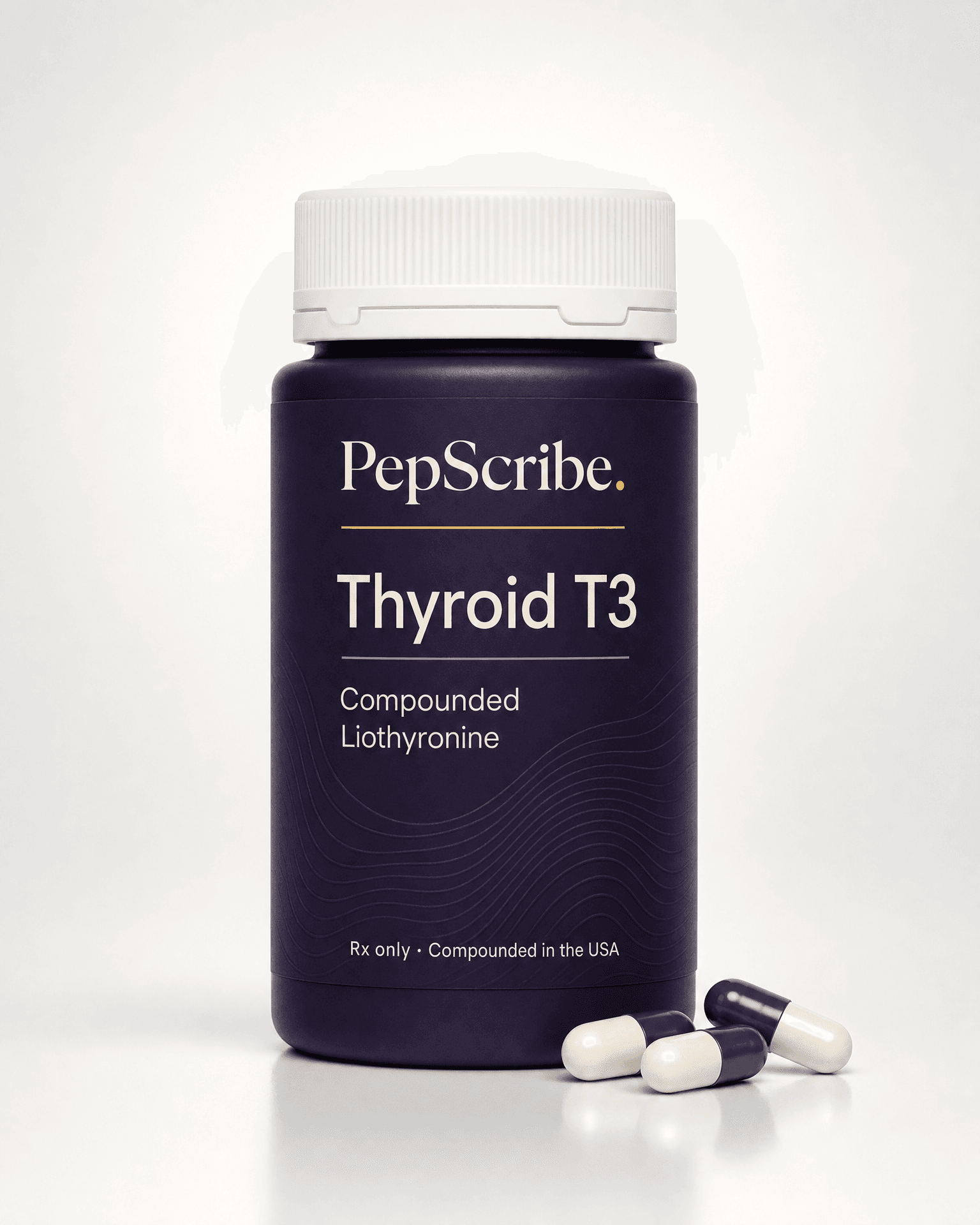 A PepScribe-branded compounded T3 thyroid capsule bottle, studio product photograph.