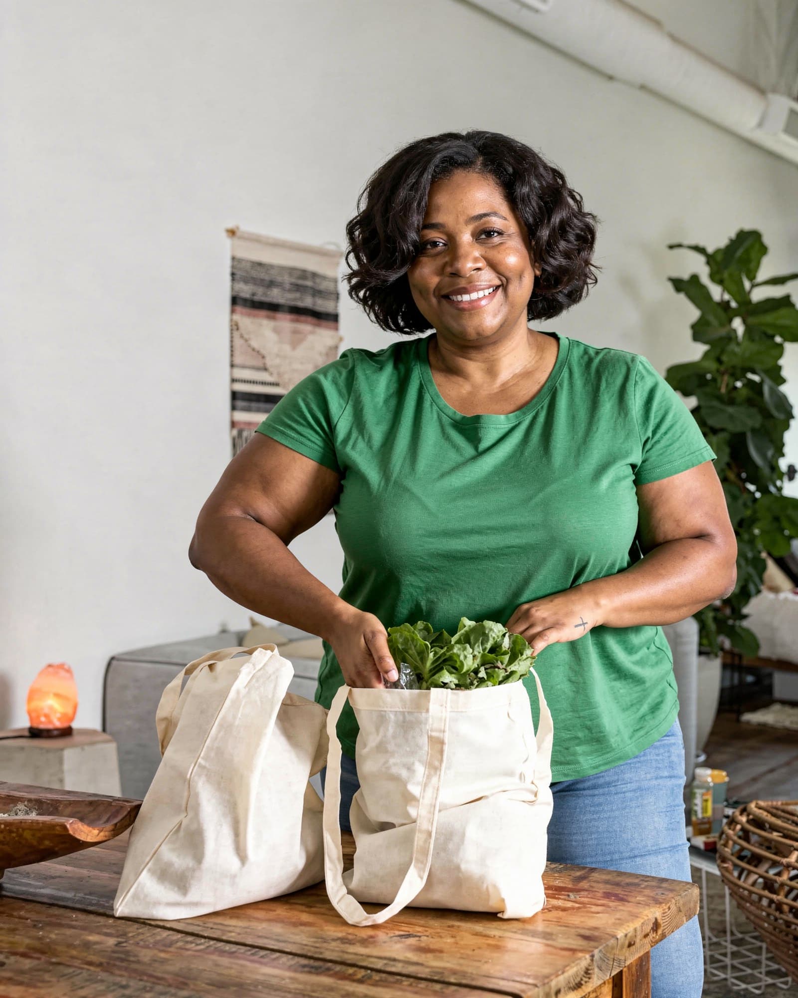 A warm Black American woman in her mid forties unpacking fresh groceries in her bright kitchen, everyday and content.