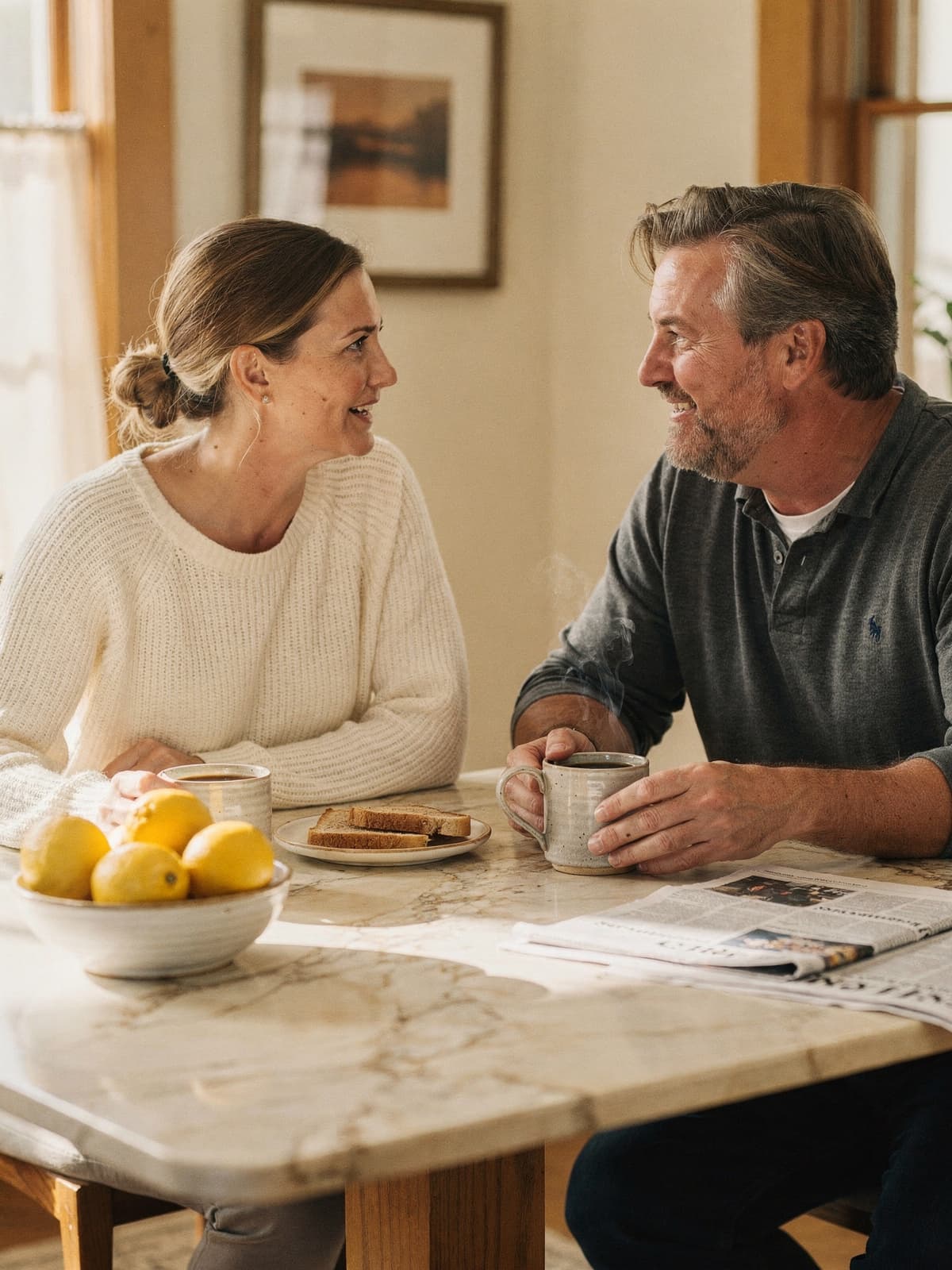 Mid-40s couple at a sunlit dining table sharing a slow weekend breakfast, mid-conversation