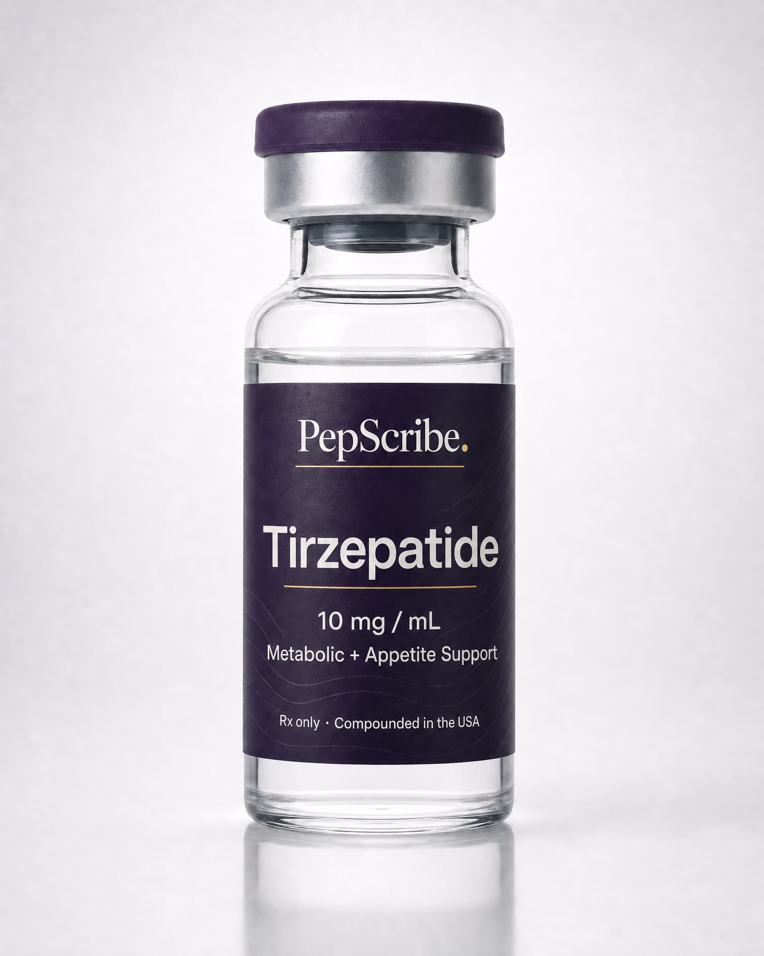 A PepScribe-branded tirzepatide vial, studio product photograph.