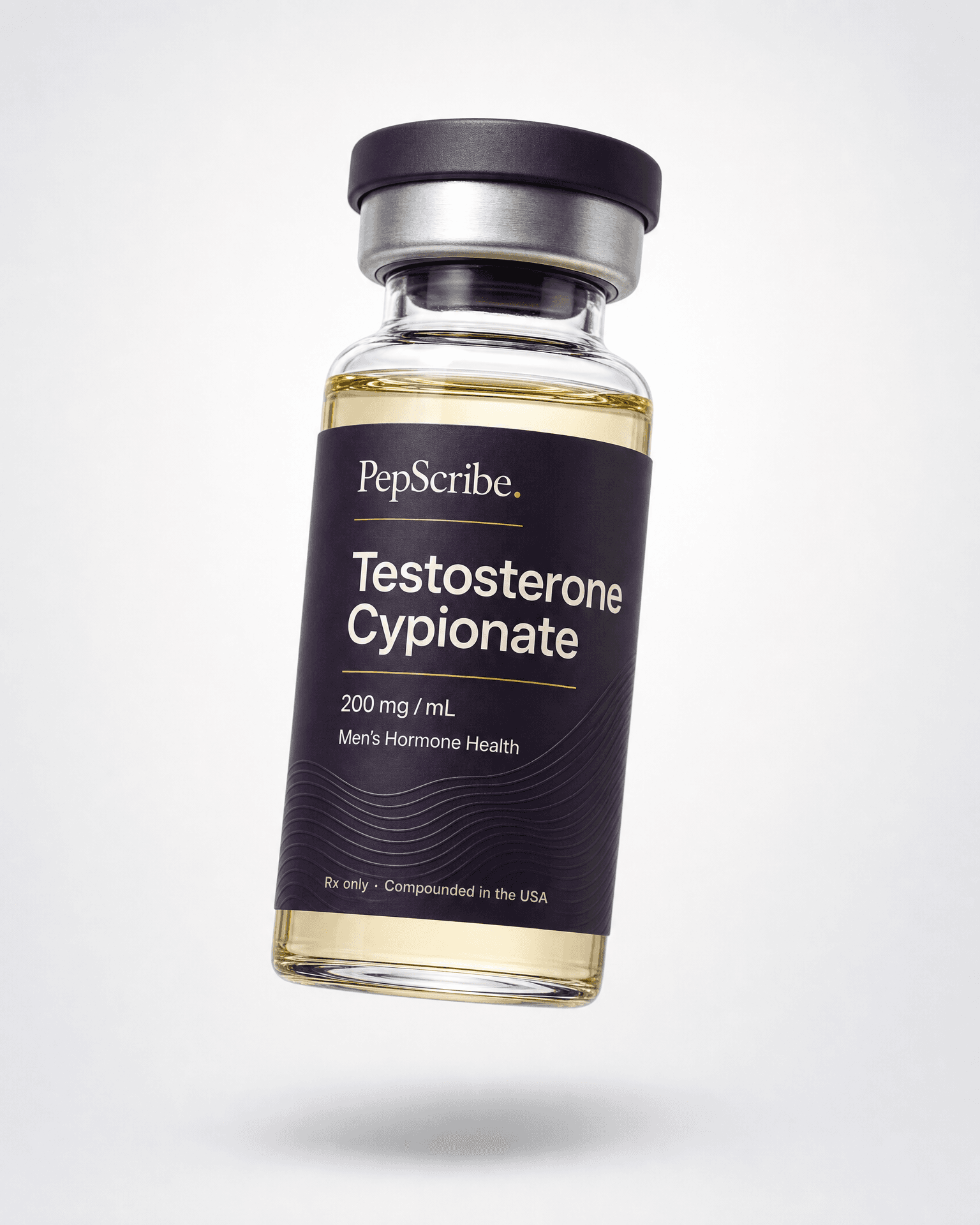 A PepScribe-branded amber testosterone cypionate vial with a deep-plum label, floating against a soft studio backdrop