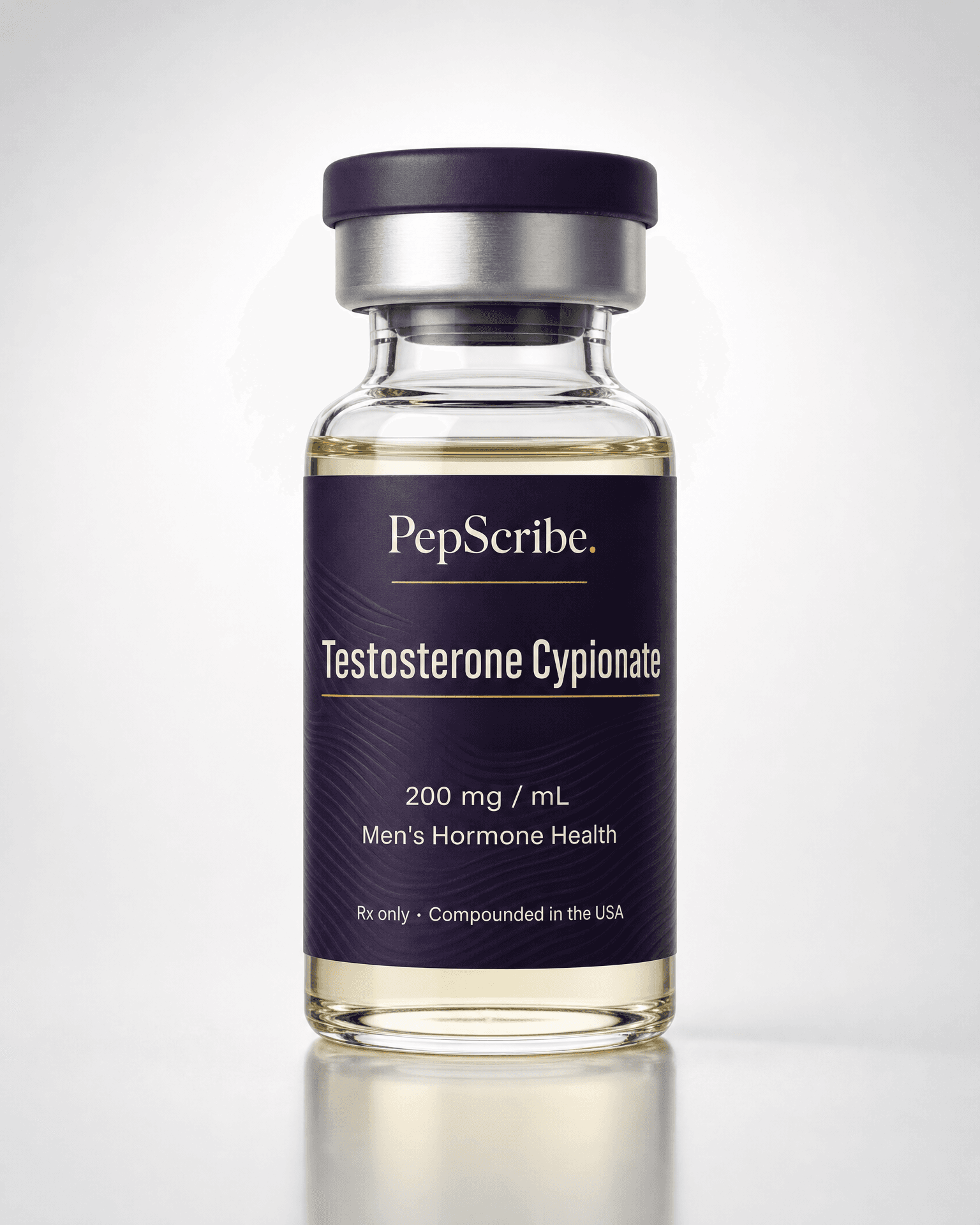 A PepScribe-branded amber testosterone cypionate injectable vial on a bone surface